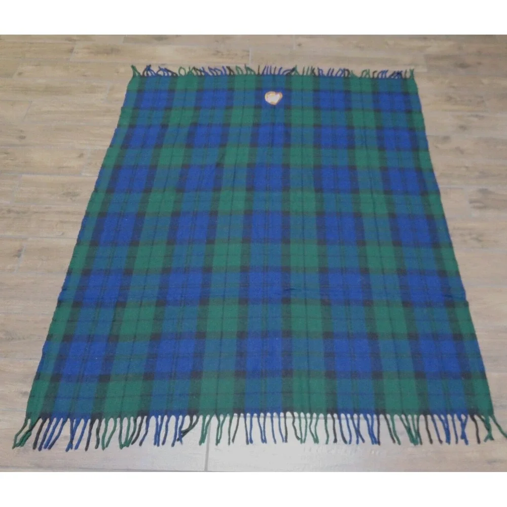 Lands' End Plaid Stadium Blanket Navy and‎ Green Acrylic Tartan w/Fringe 67x54